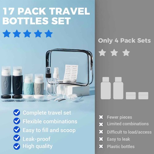 17 Pack Travel Size Toiletries - Refillable Travel Bottles, Leakproof Squeezable Travel Bottles For Toiletries, Portable Travel Size Containers, Travel Essentials For Various Lotion And Body Wash
