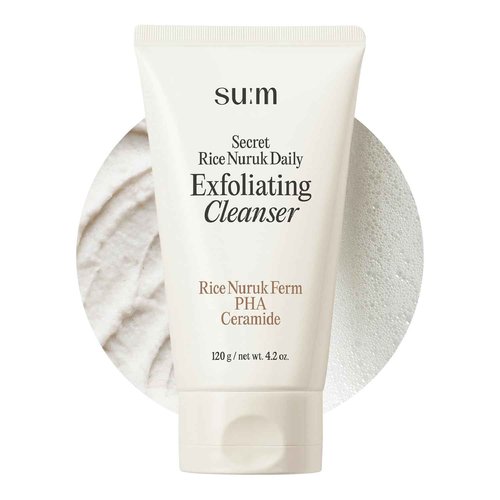 SU:M Secret Rice Nuruk Daily Exfoliating Cleanser (4.23 fl oz) - Korean Skincare Gentle Exfoliating Cleanser with Rice Nuruk Extract, PHA, and Melting Ceramide for Hydration and Smooth Skin Texture.