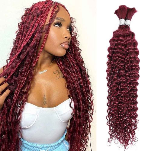 Human Braiding Hair 100g 16 Inch Deep Wave Bulk Human Hair for Braiding 2 Bundles/Pack No Weft Brazilian Virgin Deep Curly Human Hair Extensions Color 99J Burgundy Braiding Hair for Micro Braids