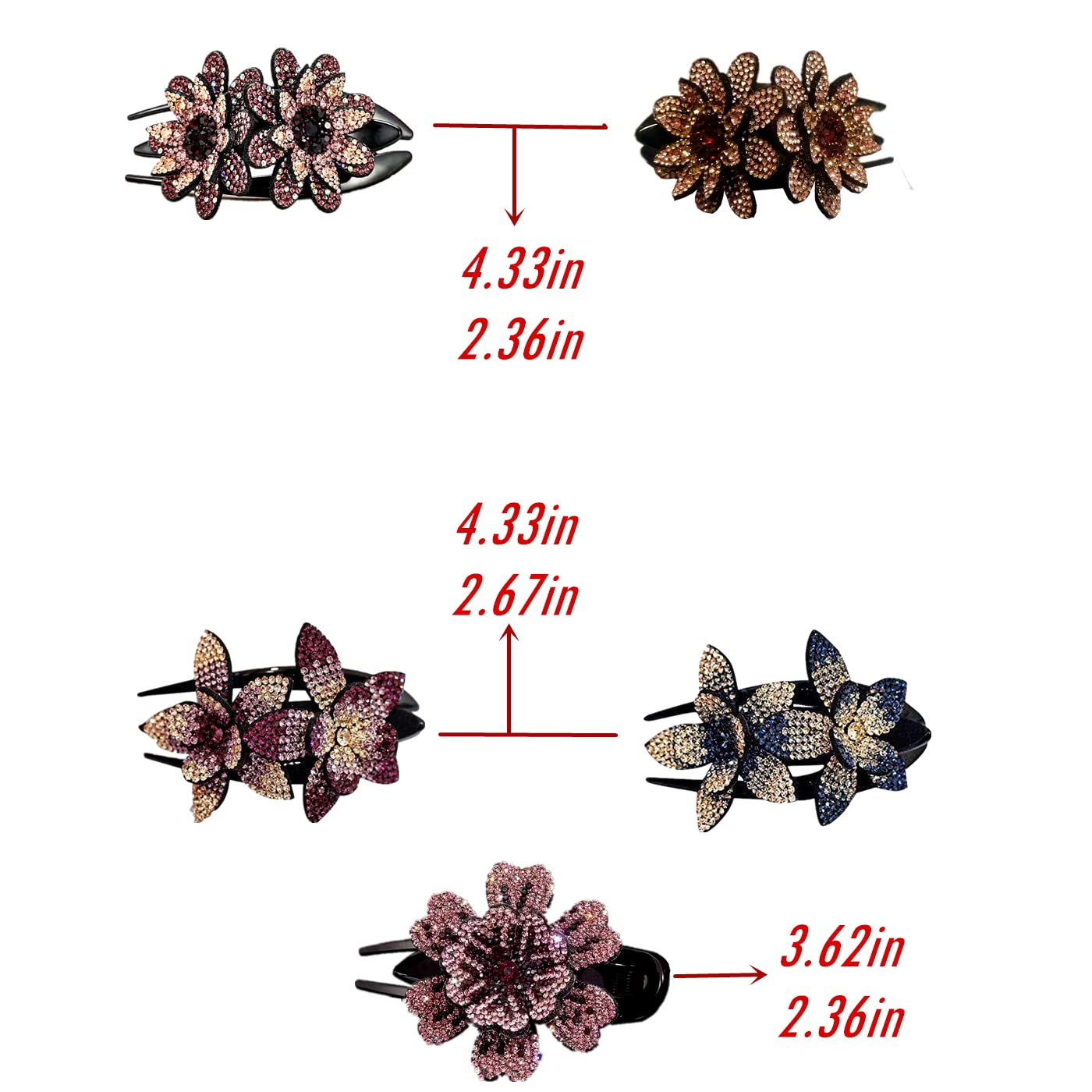 5 Pcs Double Flower Rhinestone Hair Clips fancy decorative hair clip hair accessories for women crystal hair barrettes hair decorations women thick hair(Southeast Asian style)