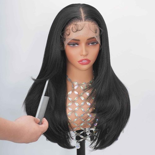 Looxey Lace Front Wigs for Black Women 13X6 Long Layered Straight Wig with Baby Hair Synthetic Hair Soft As Human Hair 24 Inch 1B Black Pre Plucked Bleached Knots Glueless Wig