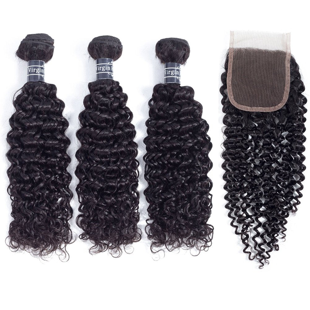 Amella Hair Brazilian Curly Human Hair Bundles with Closure Grade 8A Virgin Unprocessed Brazilian Hair Weave Bundles with Closure Free Part 16 18 20 with 16" Closure