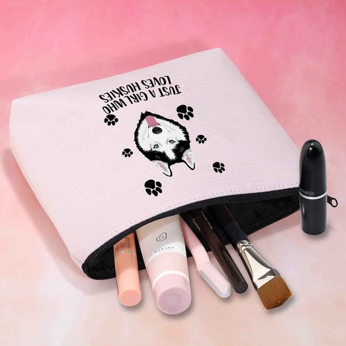 MBMSO Husky Makeup Bag Husky Lover Gifts for Women Just a G Who Loves Huskies Cosmetic Bag Siberian Husky Owner Gifts for Husky Mom Zipper Pouch Travel Case (Husky pink bag)