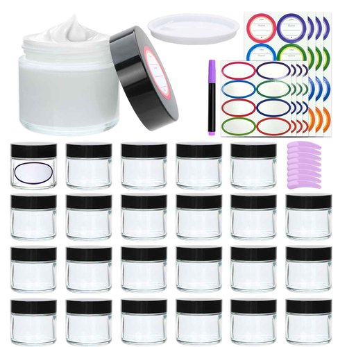 2oz Small Travel Containers with Black Lids,25 Pack Glass Jars with Mini Disposable Spatula for Toiletries，Travel Storage，Makeup Beauty Products, Lotions, Powders and Ointments