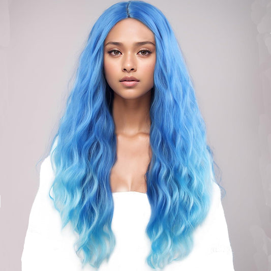 MAGQOO Blue Wig for Women Blue Ombre Wig Long Curly Wavy Light Blue Wigs Middle Part Heat Resistant Hight Density Synthetic Wigs (Blue Ombre)