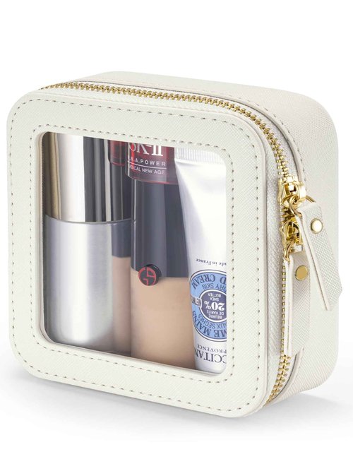 Mini Makeup Bag for Purse | Clear Travel Leather Toiletry Bag with Zipper | Car Organizer Bag | Small Waterproof Cosmetic Organizer Case for On-the-Go Essentials（White）