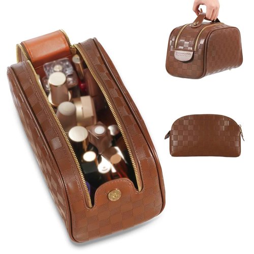 Eowihor 2 Pcs Makeup Bags Set, Large Capacity Makeup Organizer for Women, PU Leather Make Up Bag Portable Travel Toiletry Bag, Stylish Tessellated Cosmetic Bag Two Sizes to Match With Your Heart