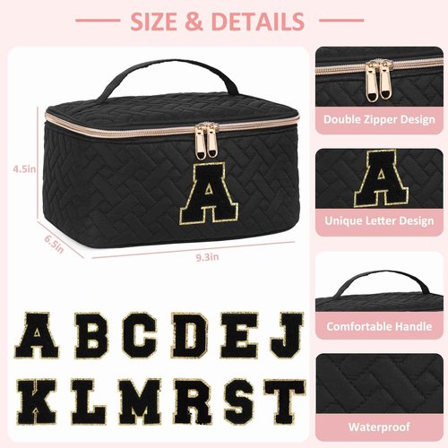 JRQCSJY Gifts Initial Makeup Organizer Bag for Girls, Chenille Letter Personalized Cosmetic Bag with Zipper | Preppy Quilted Portable Makeup Pouch Teen Birthday Gifts (A, Balck)
