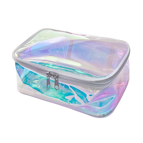 TotePrint TPU Holographic Clear Makeup Bags Bulk,Clear Storage Bag Toiletry Pocket Portable Zippered Iridescent Pouch Waterproof Cosmetic travel Bags with white zipppe for Women