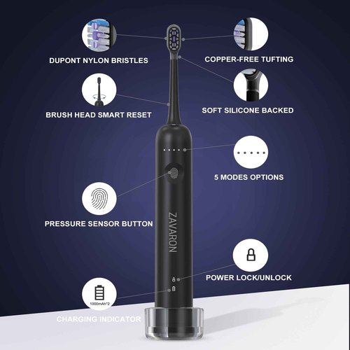 ZAVARON Sonic Electric Toothbrush for Adults – Oscillation & Vibration Rechargeable Power Toothbrush with 5 Modes, 6 Brush Heads & Travel Case - 30+ Days Battery Life IPX7 Waterproof- 2Min Smart Timer