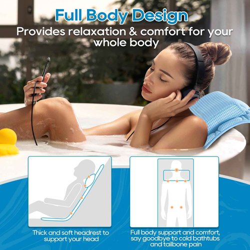 OMYSTYLE Full Body Bath Pillow, Bath Pillows for tub with Mesh Washing Bag & 21 Non-Slip Suction Cups, Spa Bathtub for Head Neck Shoulder and Back Support - 5D Air Mesh & Quick Drying | Blue