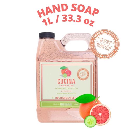 Cucina Fruits & Passion Pompelmo Hand Soap Refill 33.8 fl oz – Grapefruit Scent, Olive Oil Formula, Kitchen Hand Wash, Made in Canada