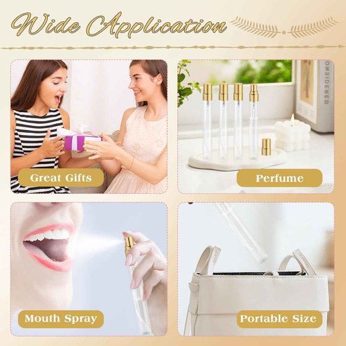 Mirrline 30 Pcs 10ml/0.34oz Mini Spray Bottle Glass Fine Mist Perfume Atomizer Empty Sample Containers with Golden Lids for Travel Cleaning Essential Oils