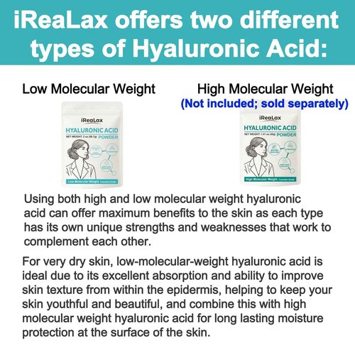 iReaLax Hyaluronic Acid Powder | Low Molecular Weight Hyaluronic Acid Serum Powder | 2oz (56.7g) Cosmetics Grade | Sodium Hyaluronate HA | LMW HMW Ingredients to Make Gel and DIY Serums