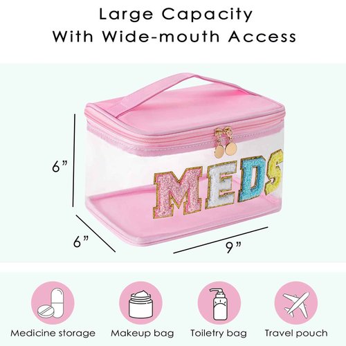 Chenille Letter Clear Medicine Makeup Bag, Large Size Waterproof Nylon Cosmetic Toiletry Storage bag with Top Handle, Transparent Meds First Aid Travel Organizer Cosmetic Bag(02Light Pink)