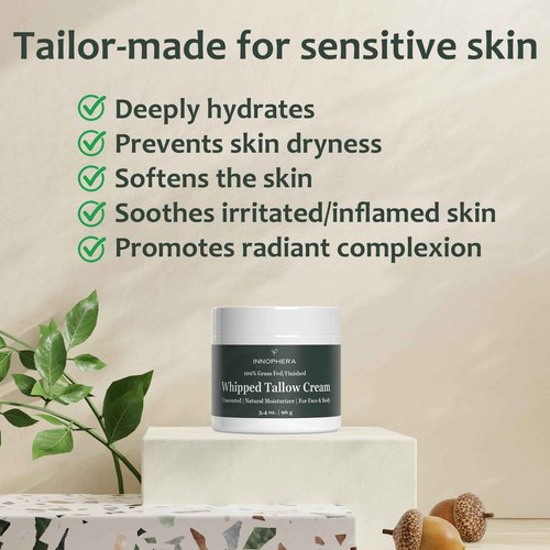 Innophera Whipped Beef Tallow Cream for Skin Care ‒ Grass Fed & Grass Finished ‒ 100% Natural Moisturizer for Sensitive Skin ‒ Handmade Face & Body Lotion ‒ Unscented & Odorless ‒ 3.4 oz.
