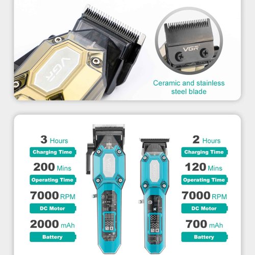 VGR Professional Hair Clippers for Men, Cordless Barber Clippers and Trimmers Set, Mens Hair Cutting Kit with 10 Guide Combs, USB Rechargeable Haircut Machine for Family, LED Display, Green