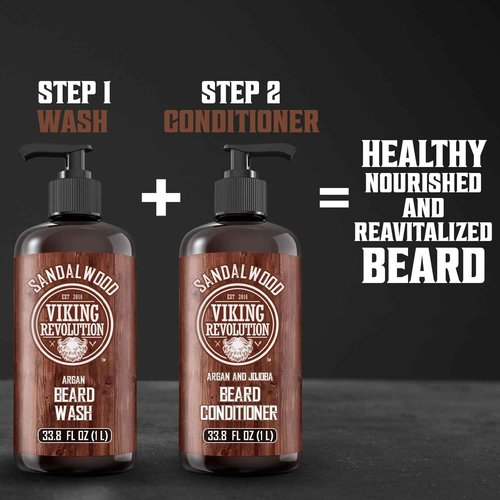 Viking Revolution Sandalwood Beard Wash for Men with Argan Oil - Beard Softener and Strengthener Beard Shampoo with Ginseng, Red Sage, Vitamin B5, Vitamin E - Sandalwood Beard Care (33.8 Fl oz)