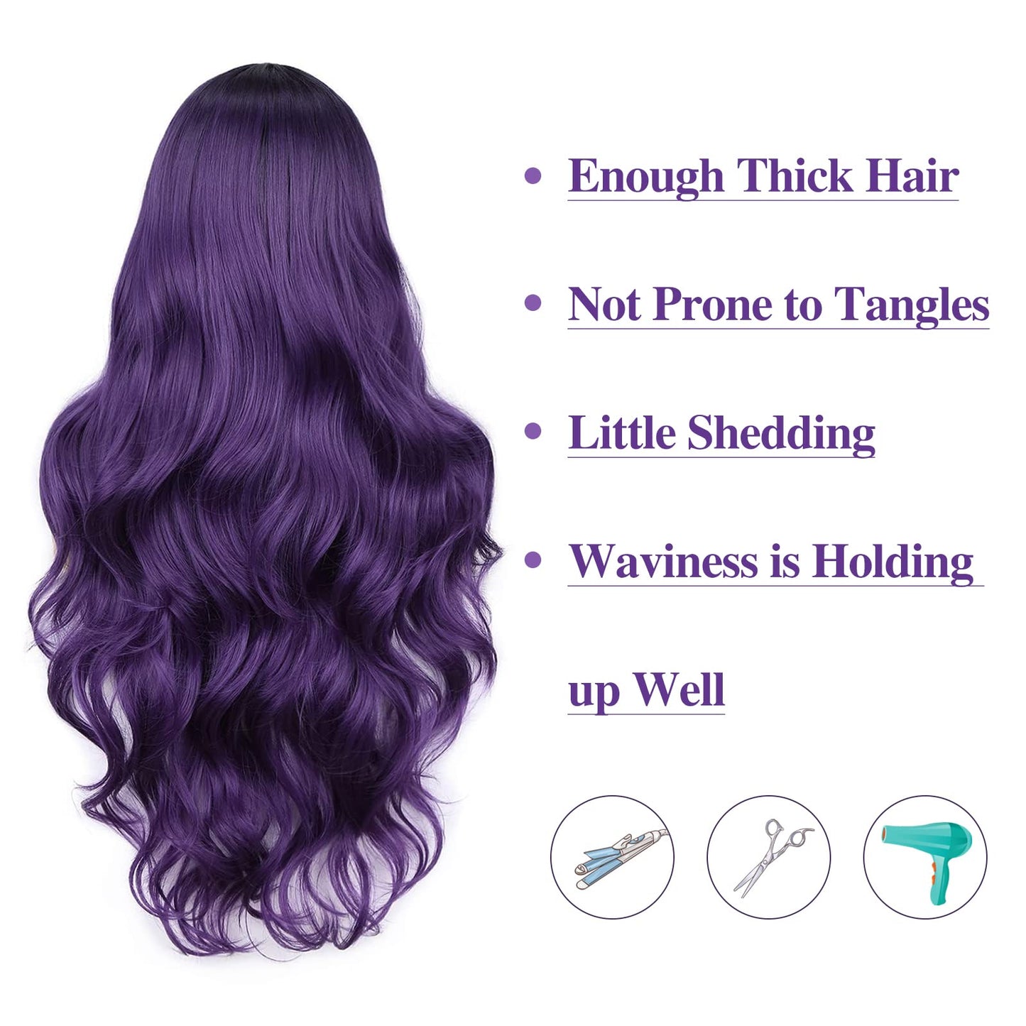 FAVE Ombre Wig Purple Wig Long Curly Wavy Wig Heat Resistant Synthetic Wig Dark Roots Puple Wigs for Women Daily Party Cosplay