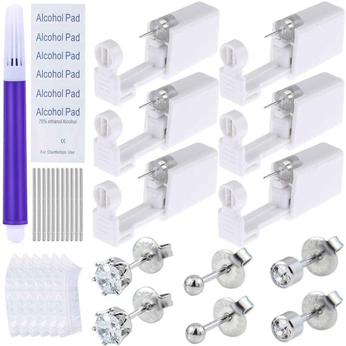prgislew Ear Piercing Gun Kit - 45pc Disposable Kit with 6pc Self Piercing Gun, 6pc Built-in Earrings & Clean Tools for Cartilage, Tragus & Helix