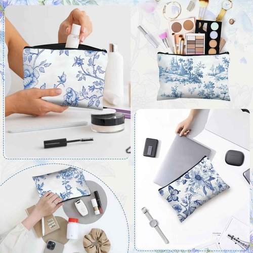 Stuffygreenus 24 Pcs Floral Cosmetic Bags Bulk for Women Blue and White Floral Makeup Bags Chinoiserie Canvas Travel Zipper Pouches Aesthetic Toiletry Bag for Girls Women Bridesmaids Wedding Supplies