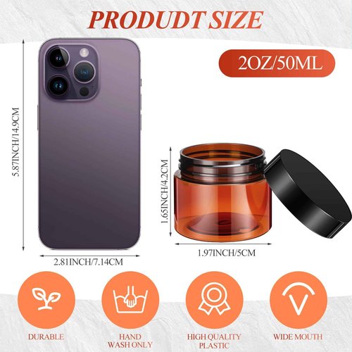 Patelai 48 Pack 2 oz Tawny Plastic Jars with Black Lids Empty Containers Round Plastic Jars Wide-mouth Refillable Storage Organizers for Cosmetics Lotions Butters Slime Making and Food Storage