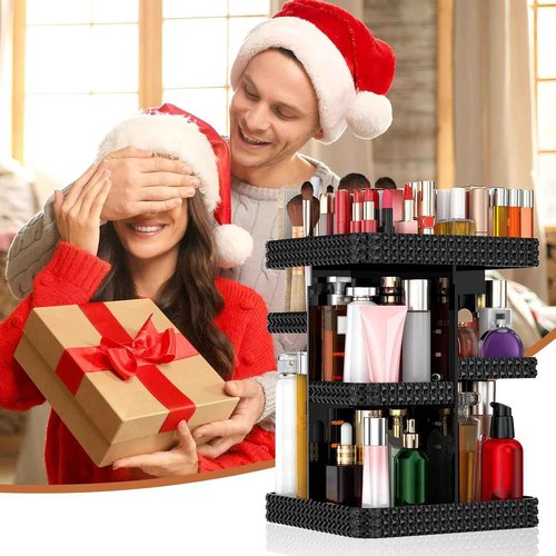 DALEMKY 360 Rotating Makeup Organizer - Black Acrylic Makeup Storage for Vanity, Cosmetic Organizer with Lotion and Perfume Holder for Dresser