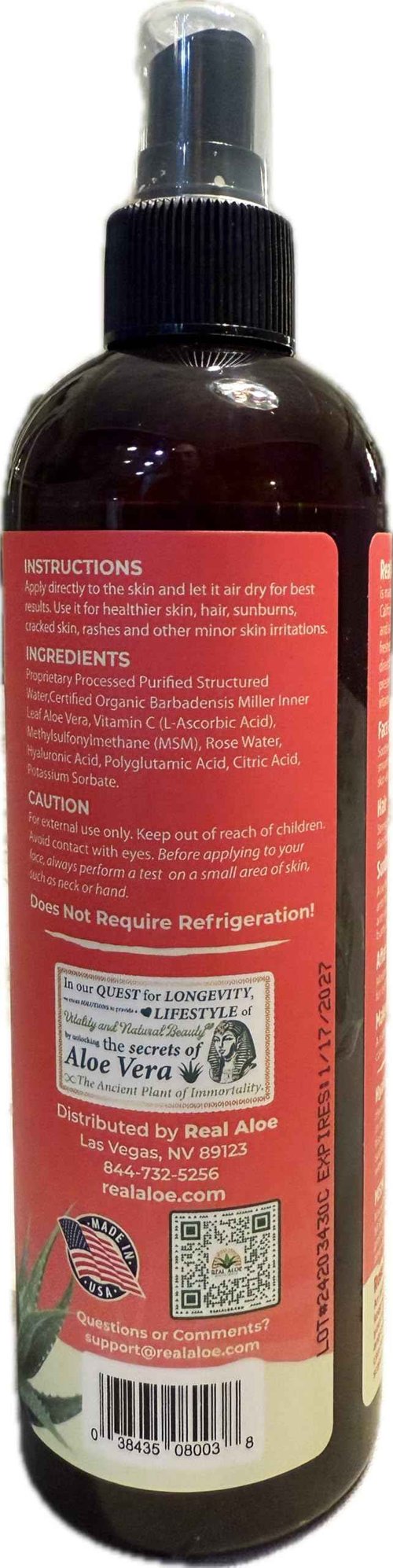 Real Aloe Beauty Spray - California Farm Fresh - Hand Selected Organic Aloe Vera, Vitamin C, MSM, Hyaluronic & Polyglutamic Acid, Rose Water, Fine Mist, Rapid Absorbing, Smoothes & Hydrates (12 fl oz)