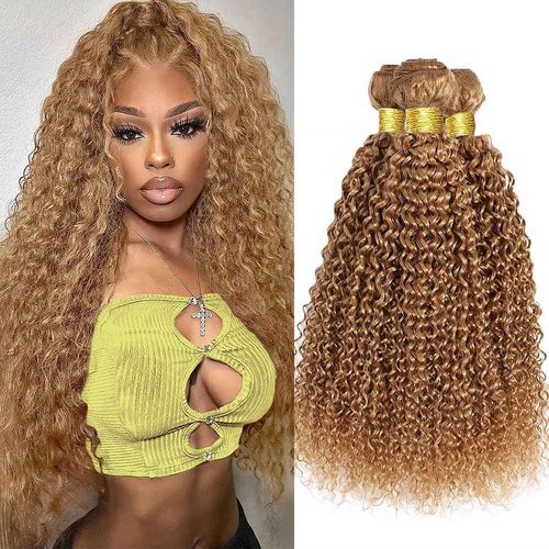 Honey Blonde Human Hair Bundles 16 18 20 Inch Kinky Curly Wave Bundles Human Hair Unprocessed Native Virgin Hair 100/PC 3 Extensions #27 Blonde Color Wet and Wavy Human Hair Extensions for Women
