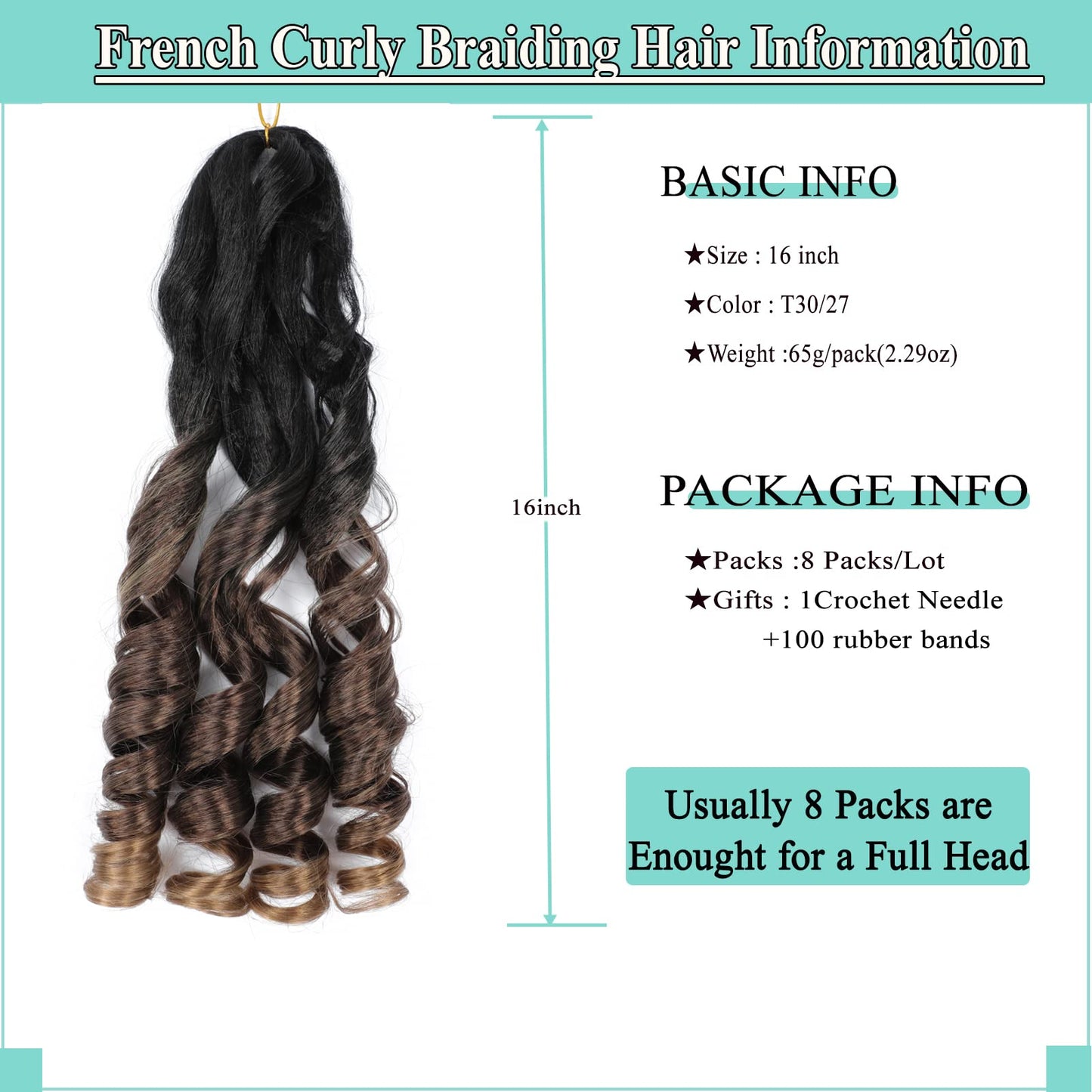 French Curly Braiding Hair 8packs 16inch Ombre Pre Stretched Curly Braiding Hair for Crochet Box Braids Pre Looped with Curly Ends Bounce Curl Loose Wave Crochet Braids for Black Women