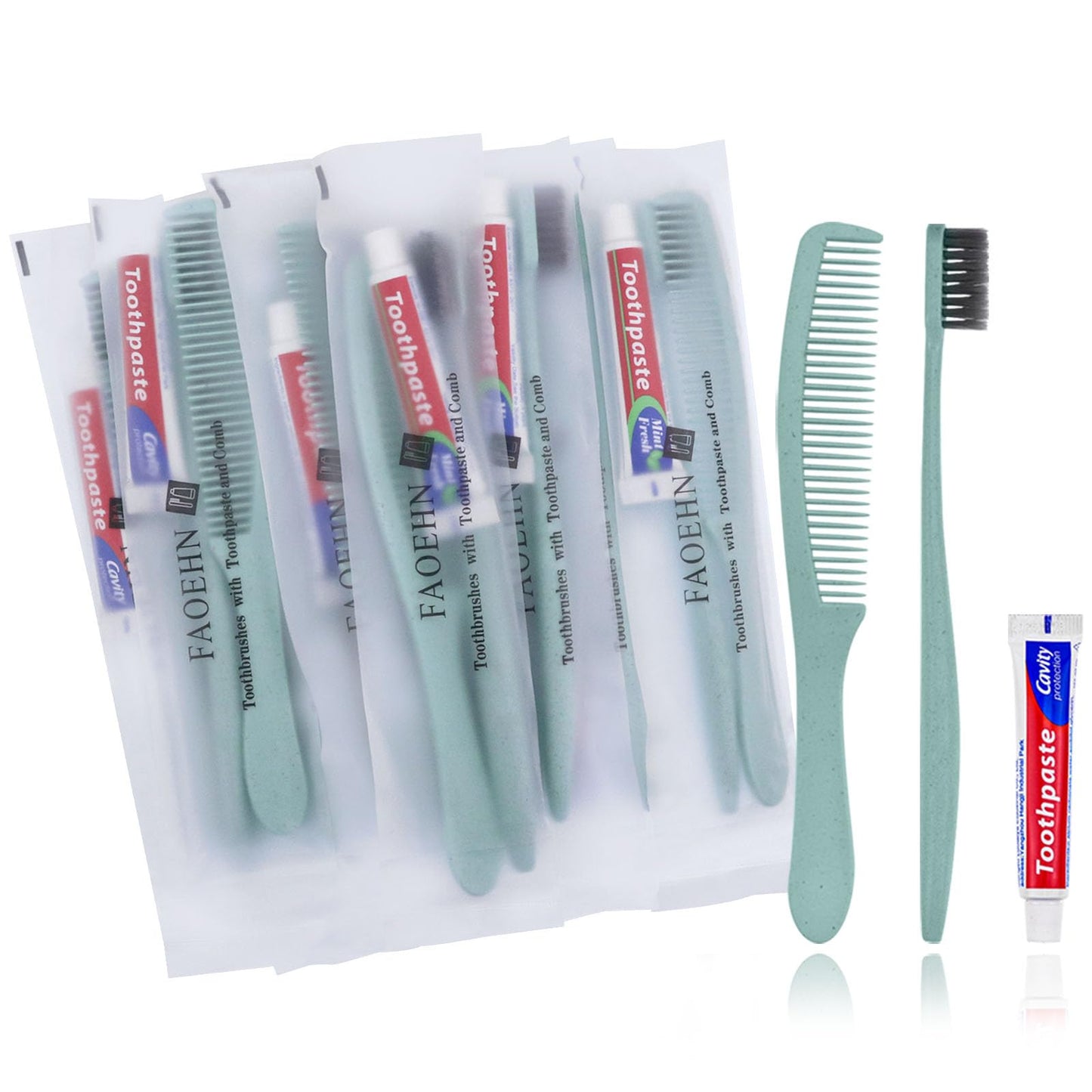 FAOEHN 10 Pack Green Disposable Toothbrushes with Toothpaste and Comb Set,10g Toothpaste,7inch Hair Comb,Individually Wrapped Disposable Travel Size Toothbrushes in Bulk for Homeless,Airbnb,Hotel