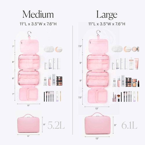 BEAUTYGOODIES Pink Hanging Toiletry Bag for Women, Travel Toiletry Bag for Makeup, Clear Bags for Easy Packing, Bag for Toiletries, Flight Curise Roadtrip Bag to Hold and Hang even at Home.