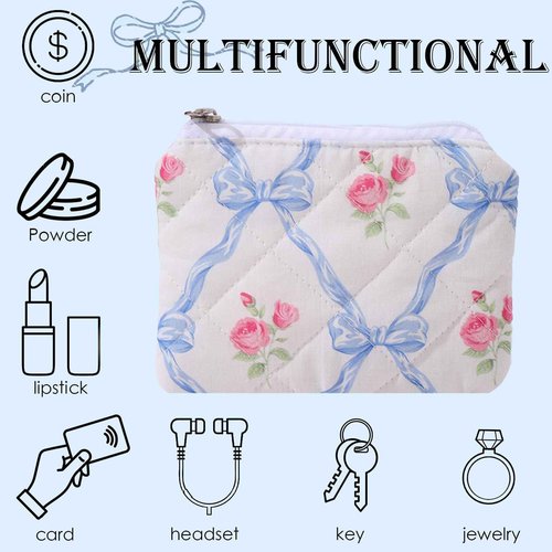 LYDZTION Cute Quilted Coquette Bow Cotton Makeup Bag with Purse Pouch - Aesthetic Stuff Travel Essentials Storage Bag for Lipstick Brushes, Blue