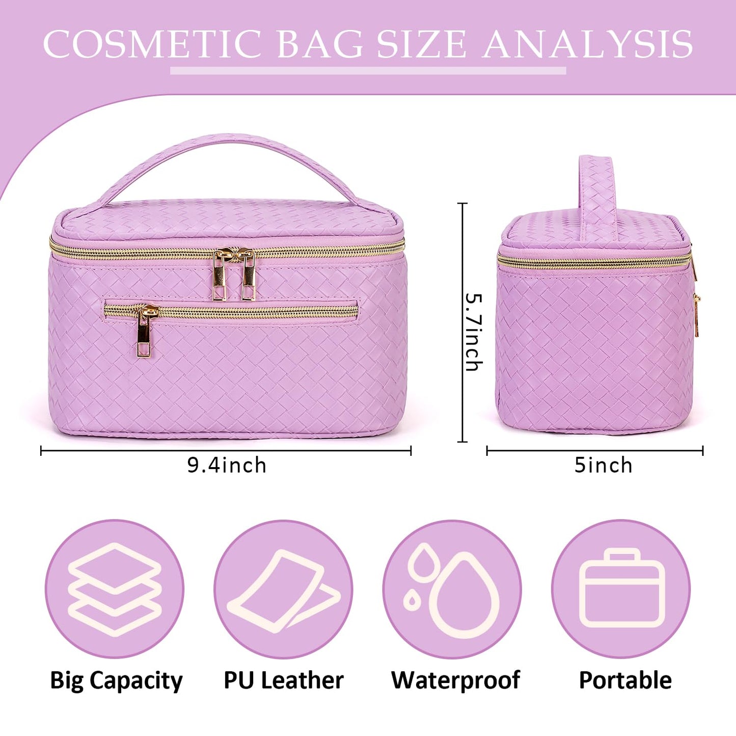 WELLANCE Large-Capacity Woven Leather Makeup Bag,Travel Make Up Organizer Cosmetic Brush Bags Case for Women,Waterproof PU Leather Travel Toiletry Bag (Purple)