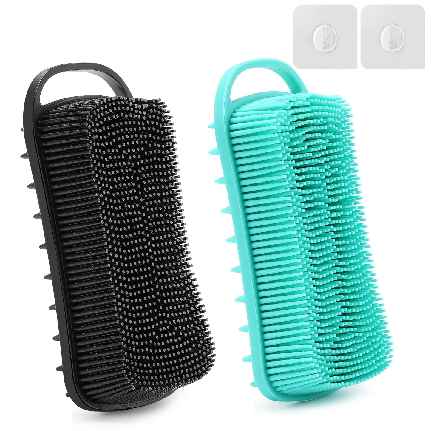 2 Pack Silicone Exfoliating Body Scrubber, 2 in 1 Body Brush & Hair Scalp Brush for Shower and Bath, Soft Silicone Loofah, Easy to Clean with Optimal Lathering (Black, Green)