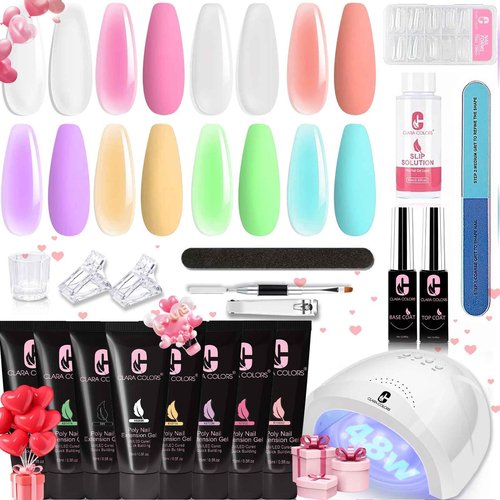 Clara Colors Polygel Extension Gel Nail Kit - 8 Colors Polygel Nail Kit with 48W Power Nail Lamp Nude Clear White Pink All In One Polygel Nail Kit Starter Kit for Beginners with Slip Solution and Tool