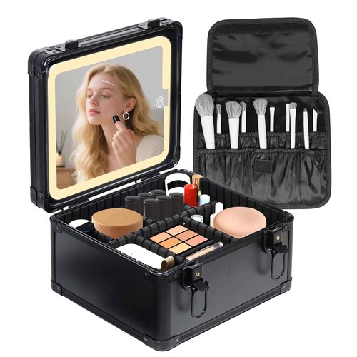 Yenovia Travel Makeup Case with Lighted LED Mirror – Waterproof Cosmetic Organizer with Adjustable Dividers, Portable Makeup Train Case for Women, Black
