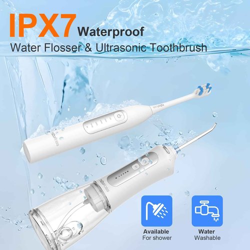 H2ofloss Sonic Electric Toothbrush and Water Flosser Combo, Rechargeable 2000mAh Toothbrush and 2500mAh Oral Irrigator with 300ml Tank, 4 Brush Heads, 5 Nozzles, 2 in 1 for Home and Travel (White)