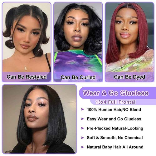 UTIDE 13x4 Lace Front Bob Wig Human Hair HD Lace Glueless Short Straight Frontal Bob Wig for Black Women Human Hair Pre Plucked with Baby Hair Side Part 150% Density Natural Color 12 Inch