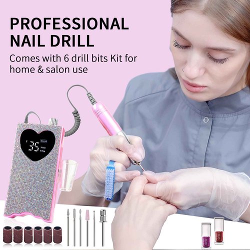 Professional Electric Nail Drill File: YZZSEVEN Rhinestone Portable Cordless 35000 RPM, Rechargeable Nail File for Acrylic Nails Gel Polishing Removing, File Nail Kit for Manicure Salon Home(Pink)