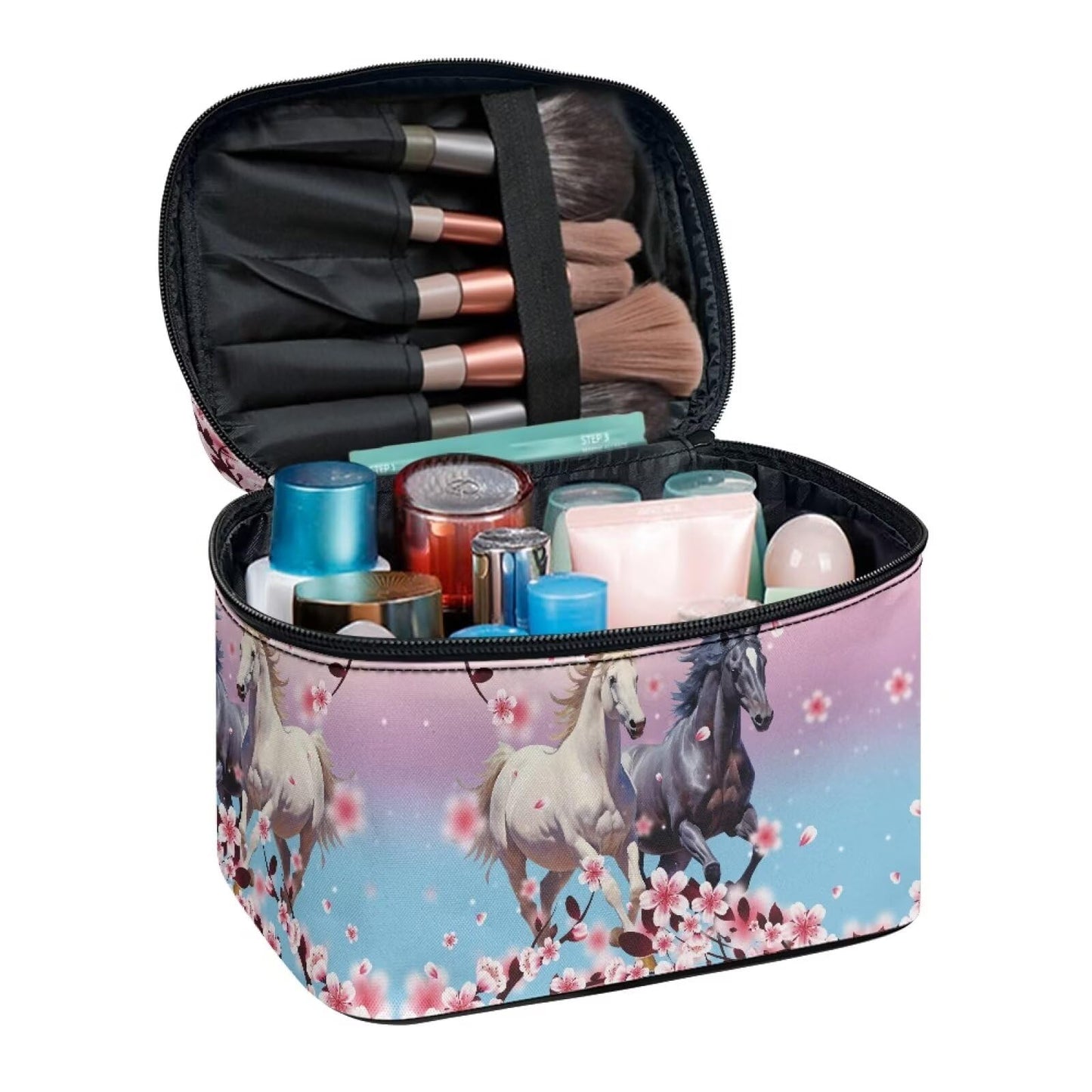 ELEDIZI Horse Makeup Bag for Women Pink Cherry Blossom Cosmetic Bag with Brush Slot Make Up Travel Bag Organizer Large Capacity Toiletry Bag with Zipper Travel Size Skincare Bag Travel Gifts for Women