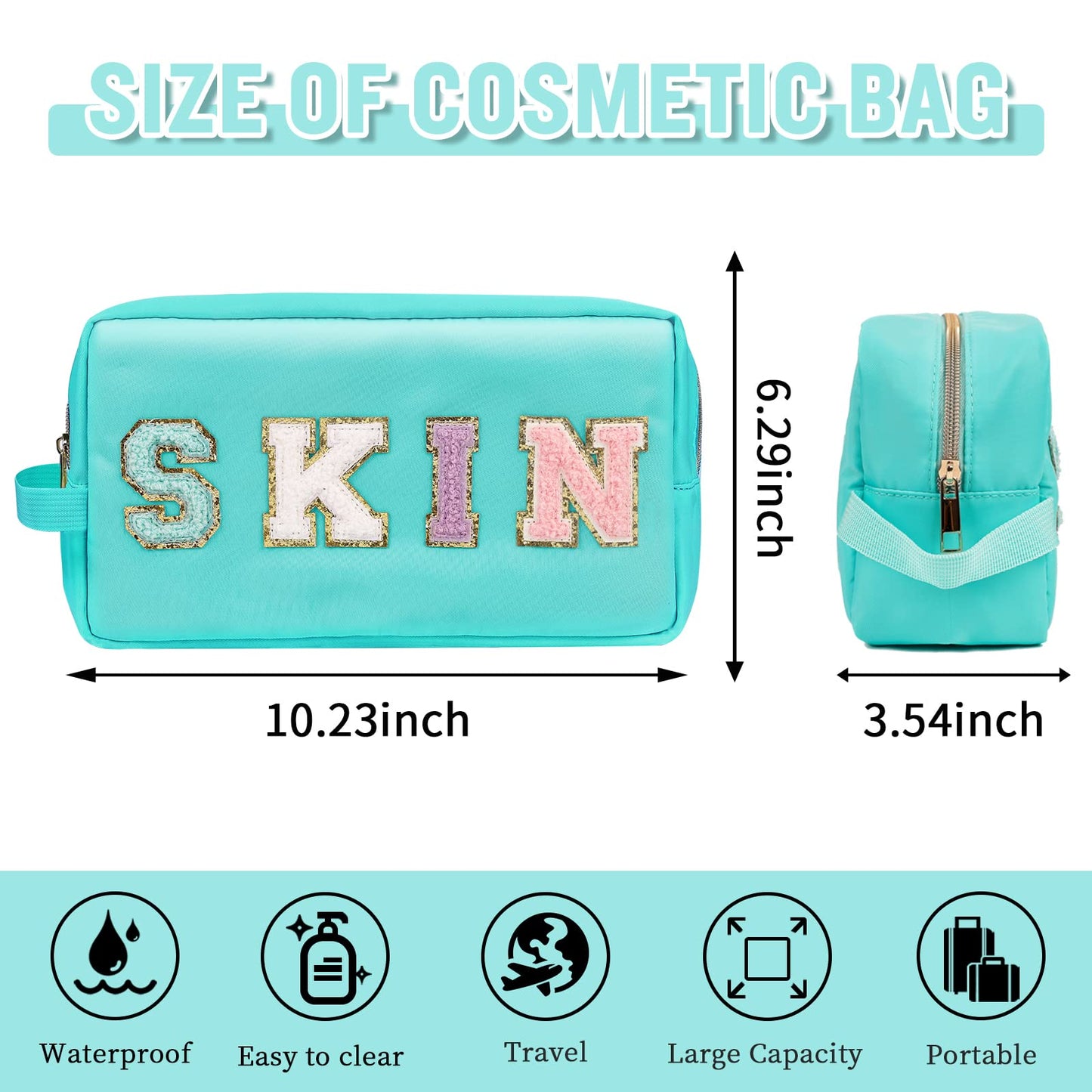 UIXIZQ Preppy Nylon Cosmetic Bag Skin Pouch for Women Girls, Portable Makeup Bag with Chenille Letter Patches, Zipper Pouch Storage Purse Waterproof Organizer for Travel(Green Skin)