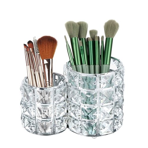 LUEXBOX Crystal Makeup Brush Holder Organizer, Cosmetic Makeup Brush Storage Container Cup for Table, Dresser, Bathroom, Bedroom Organization, One-Piece Circular Brush Organizer (silver)