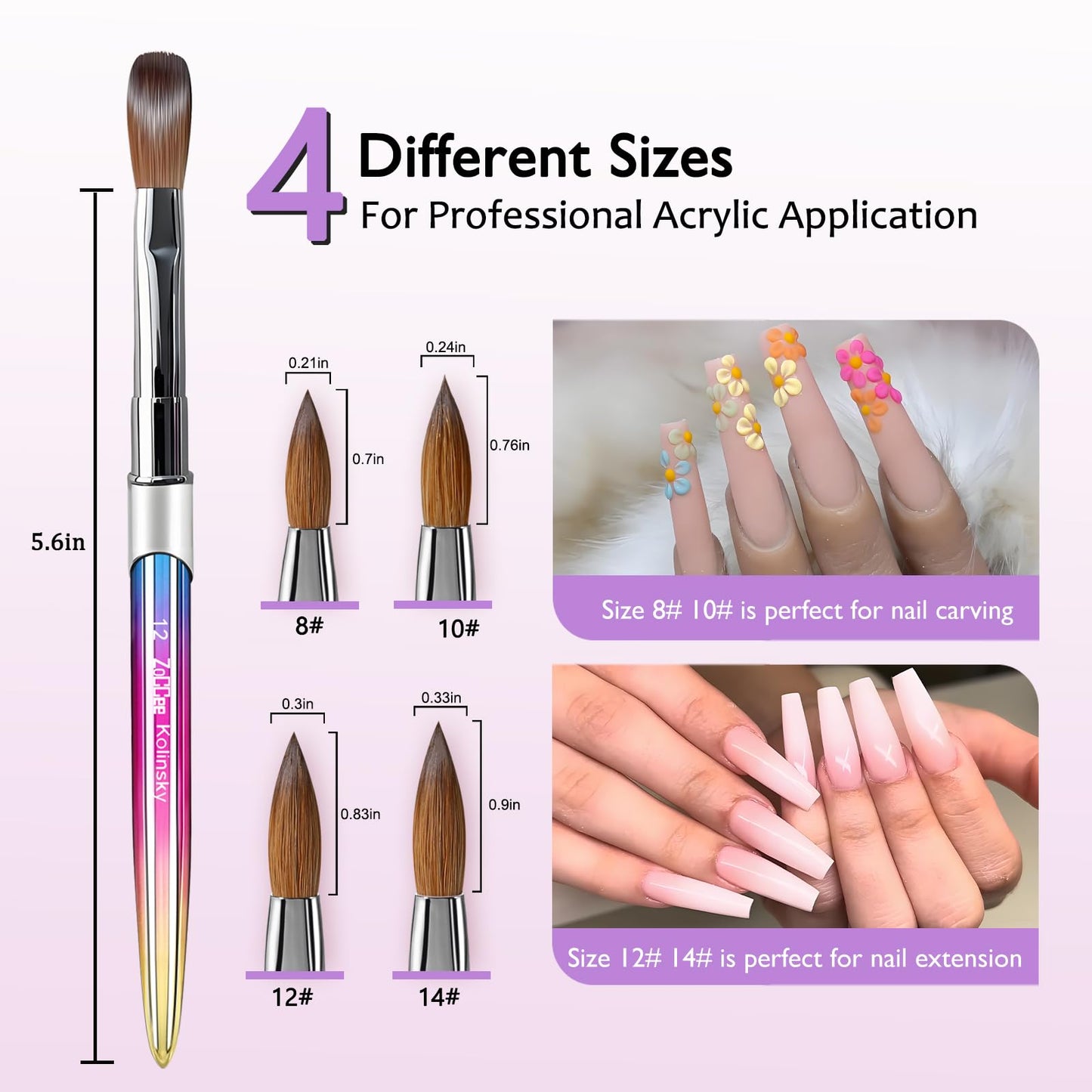 Acrylic Nail Brush - Kolinsky Nail Brushes for Acrylic Application - Acrylic Powder Brush for Nail Art - Nail Brush Acrylic for Professional Manicure DIY Home Salon (#12, Gradient)