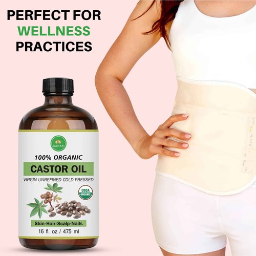 Castor Oil Organic - Cold Pressed USDA Certified, for Hair Growth Hexane-Free Extra Virgin for Skin Castor Oil Pack Stimulates Lashes & Eyebrows, 100% Pure - 16oz Glass Bottle
