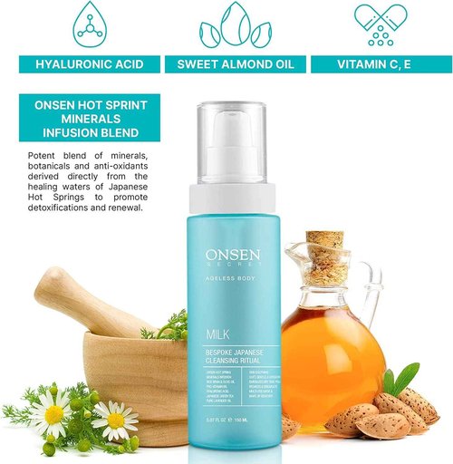 Onsen Secret Japanese Cleansing Milk Face Wash, Anti Aging Gentle Cleanser, Makeup Remover, Cleansing Milk for Sensitive Skin, All Natural, Purifying Organic, Non Foaming Facial Cleanser - 150 ml