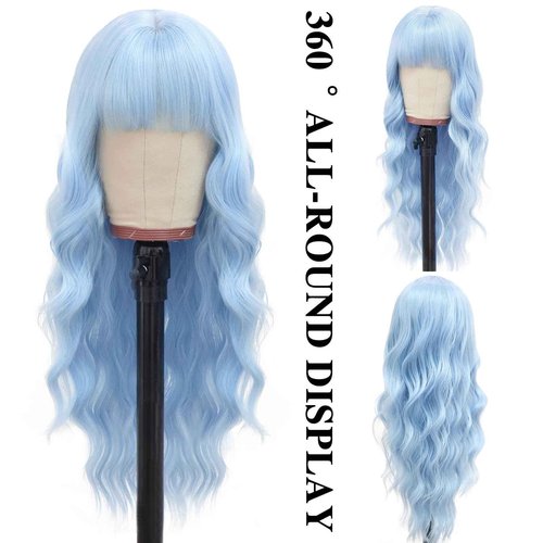 NOSTALGIA Halloween Blue Wigs for Women 26 Inch Blue Wig with Bangs Long Wavy Synthetic Heat Resistant Wig for Daily Cosplay Use