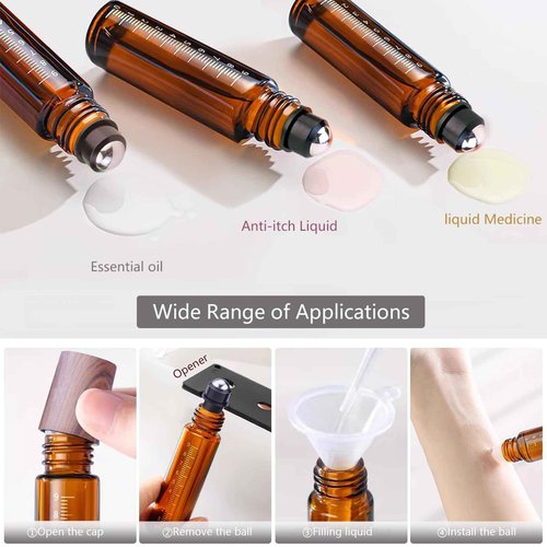 Matifaner 30pcs Essential Oil Roller Bottles, Amber Glass Roller Balls for Essential Oils, 10ml Empty Rollerball Bottles for Travel Refillable Roll on Perfume