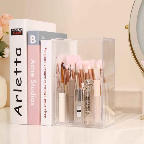 LOHRYVIO Acrylic Makeup Brush Holder with Slanted Flip-Top Lid - Clear Dustproof Cosmetic Make up Brush Organizer and Storage Box - Large Capacity 17-Slots Container for Vanity Brushes (Transparent)