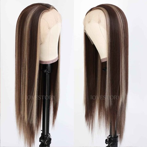 Lovestory Brown Hair Highlights 13x3 Synthetic Lace Front Wigs Long Straight Blonde Highlights Hair Wig Heat Resistant Synthetic Lace Front Wigs for Fashion Women